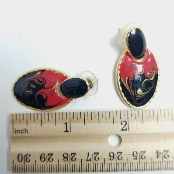 Vintage Red and Black Enamel Door Knocker Stud Dangle Earrings, Retro 80s 90s - Picture 4 of 6